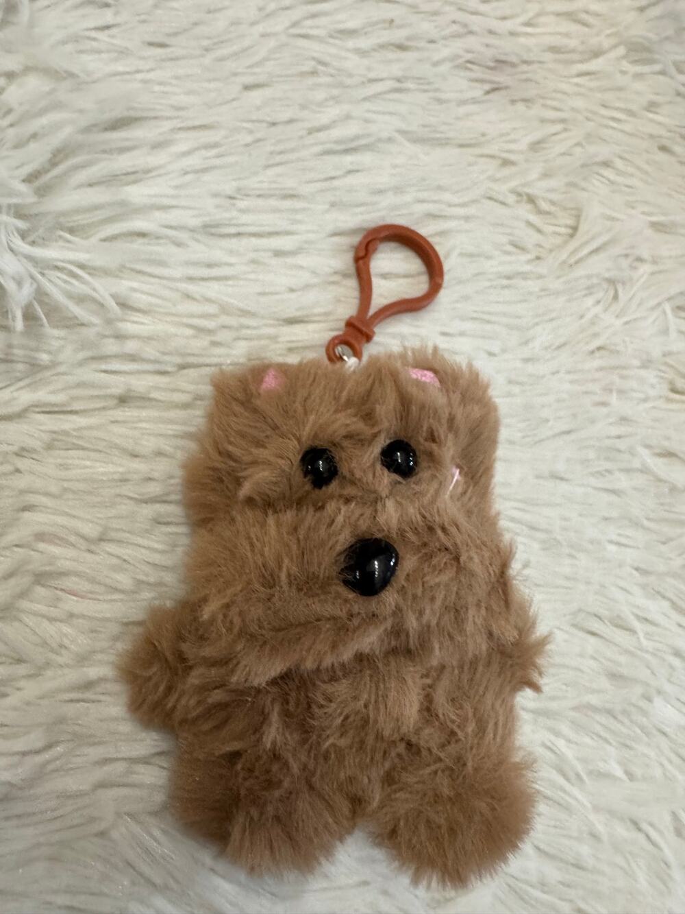 Brown fluffy doggy  keychain bag charm with pink ears